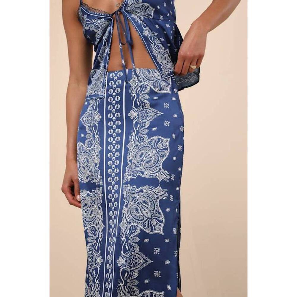 Lulus Calypso Blue Banadana Print Satin Midi Skirt - Size XL